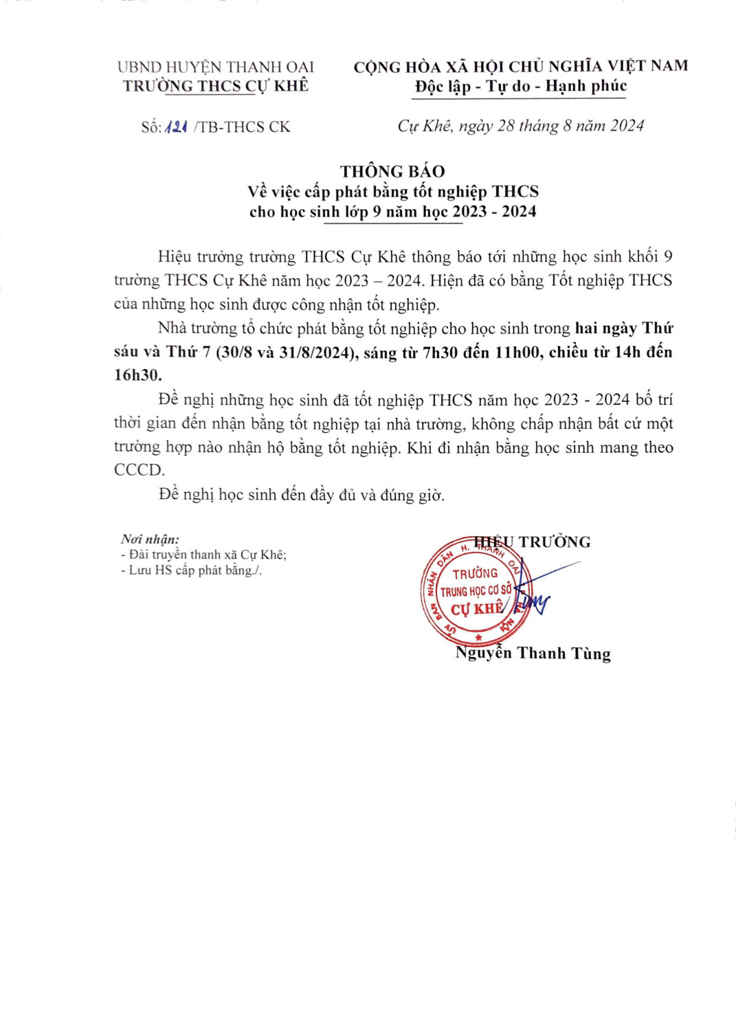 THÔNG BÁO PHÁT BẰNG TỐT NGHIỆP NĂM 2024